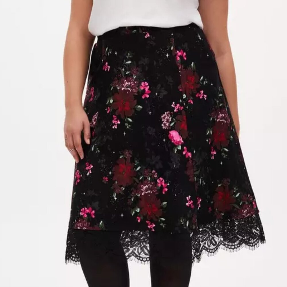 Torrid Black Floral Premium Ponte Lace Midi Skirt Women's Plus Size 1X NWT